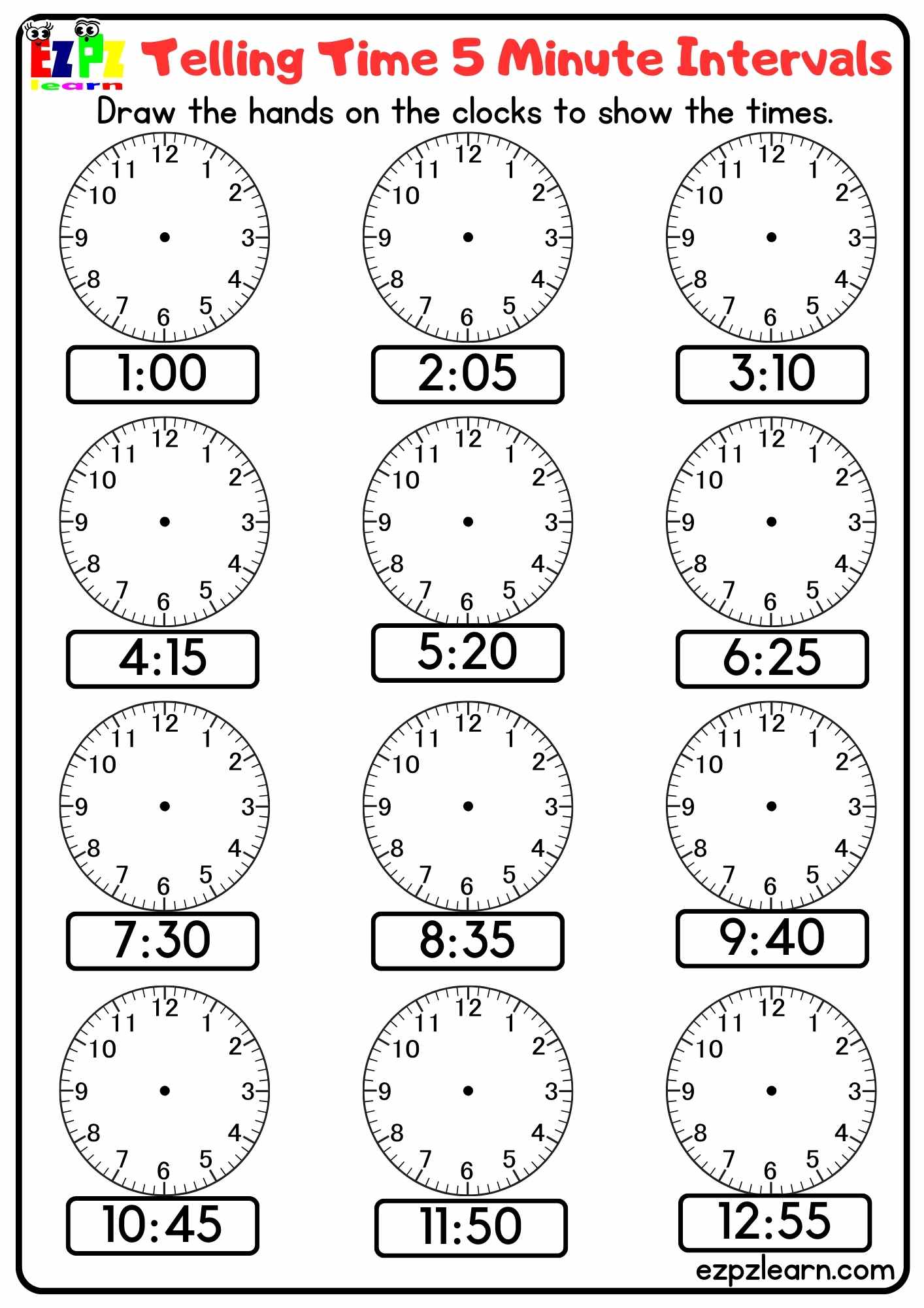 Telling time 5 minute intervals draw the hands on the clocks free pdf